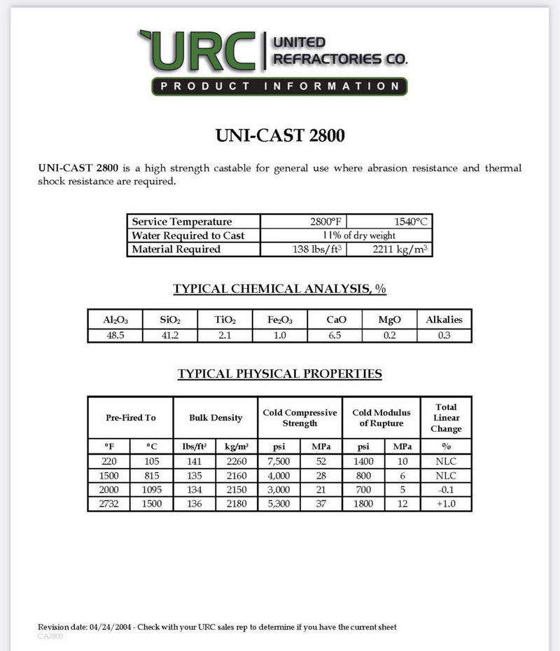 2800°F uni-cast refractory castable